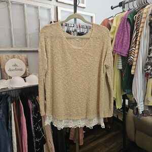Debut Beige Long Sleeve Top with Lace Trim